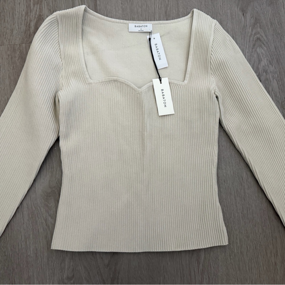 ARITZIA BABTON Cream Sweetheart Ribbed Knit Sweater